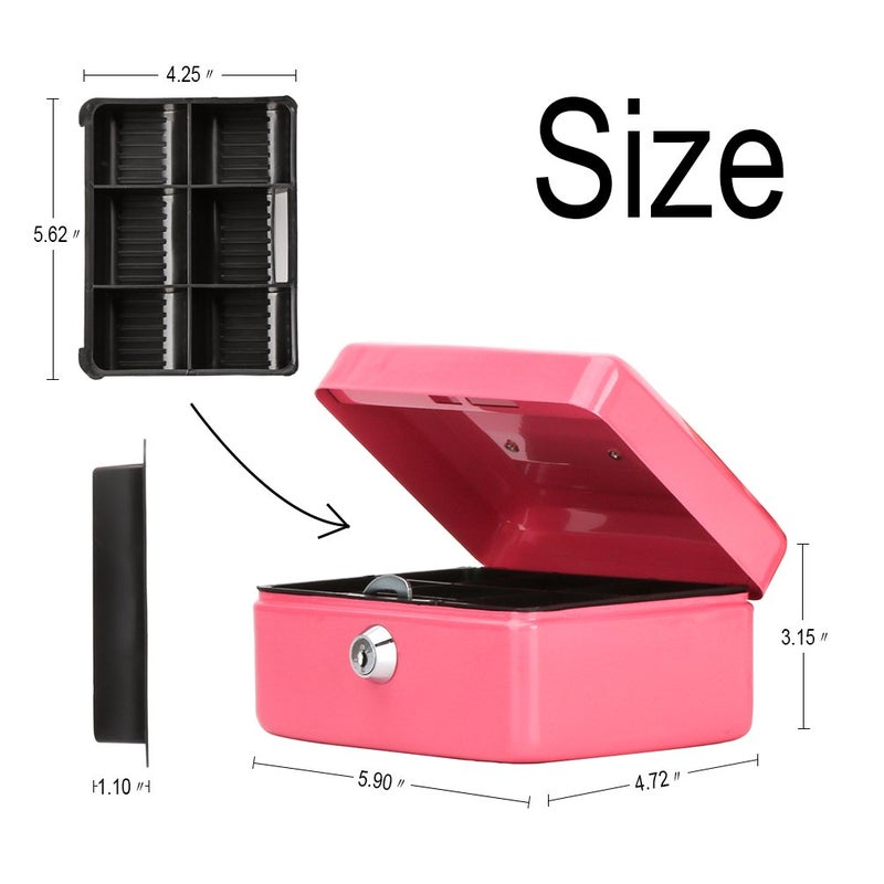 Decaller Small Cash Box with Key Lock, Decaller Portable Metal Money Box with Double Layer & 2 Keys for Security, Pink, 6" x 4 4/5" x 3 1/5", QH1506XS - Image 3